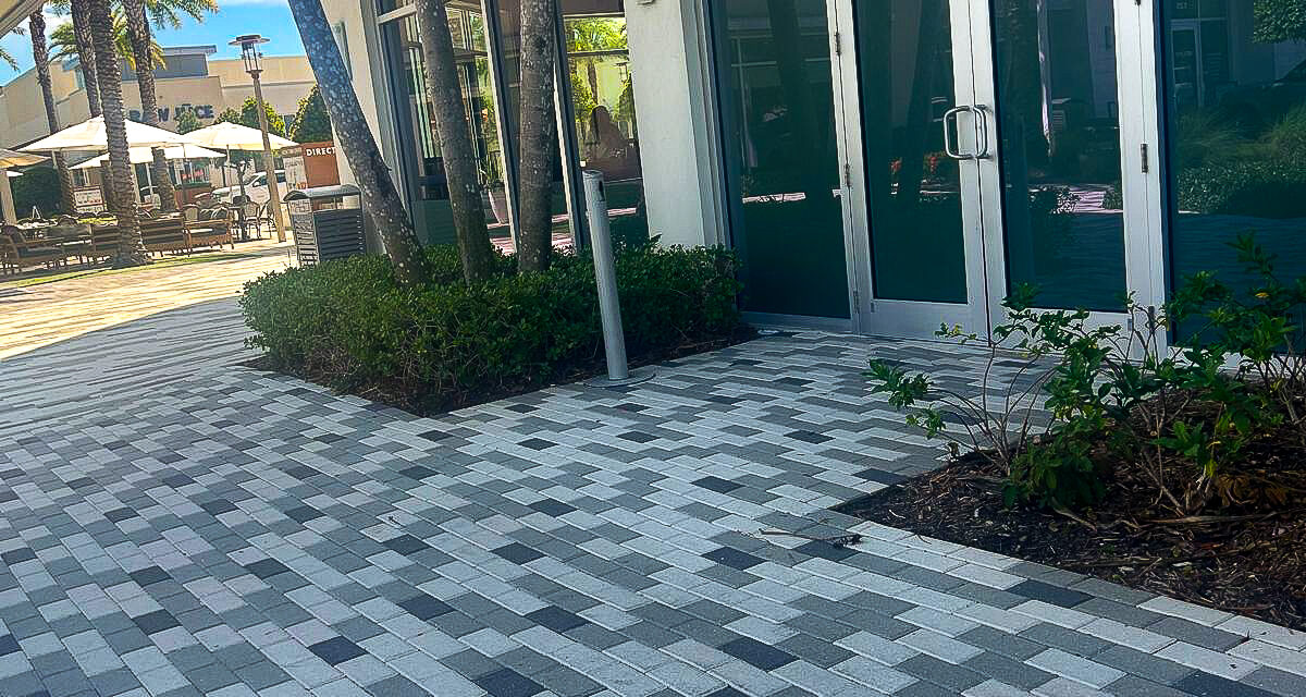 A modern building with large glass doors stands next to a paved pedestrian walkway featuring a sleek gray and white geometric flooring pattern. Palm trees and greenery line the path. In the background, outdoor seating is visible under umbrellas, suggesting recent renovation efforts.